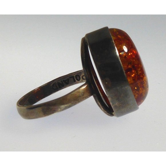 Modernist Amber & Sterling Silver Ring Signed E Size 9 - Picture 5 of 10